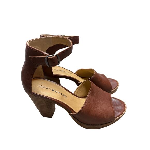 Lucky Brand Nanika Leather High Heel Sandals Brown Block Heel Open Toe 7.5 - Picture 1 of 8